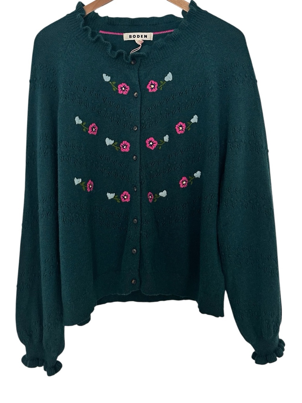 Boden New With Tags Fae Embroidered Fair Isle Cardigan Womens XL Green Pink - Picture 6 of 14